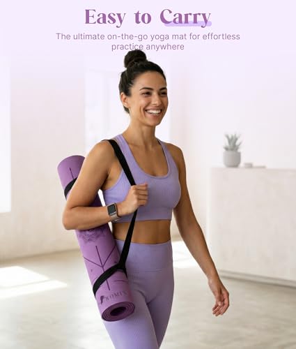 Romix Profesional Esterilla Yoga Antideslizante Alineación Correay, Yoga Mat 6MM de Gruesor TPE con Bolsa de Transporte, Esterilla Fitness Para Hombres Mujeres Hogar Gimnasio (Púrpura)