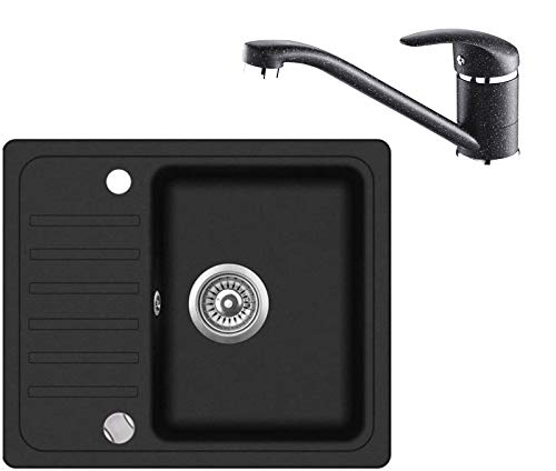 Spüle mit Armatur 46x56 Spülbecken Granit Einzelbecken Küche Einbauspüle Verbundspüle Küchenspüle Schwarz eckig + Drexexcenter + Siphon