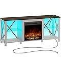 Rolanstar Fireplace TV Stand 55" with LED Lights and Power Outlets, Entertainment Center with Adjustable Glass Shelves, TV Console for 32" 43" 50" 55" 65", White