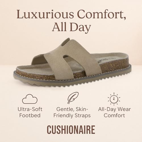 CUSHIONAIRE Wisdom Womens Sandals Cutout Strap Genuine Leather Slides – Slip On Cork Footbed Sandals for Women 20253