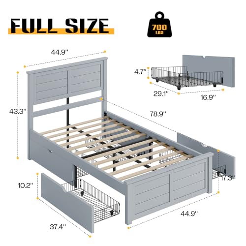 Full Size Platform Bed Frame with 4 Storage Drawers and Headboard Wood Bed Frame with Wood Slats Support No Box Spring Needed Storage Bed Frame for Kids Teens Adults Grey