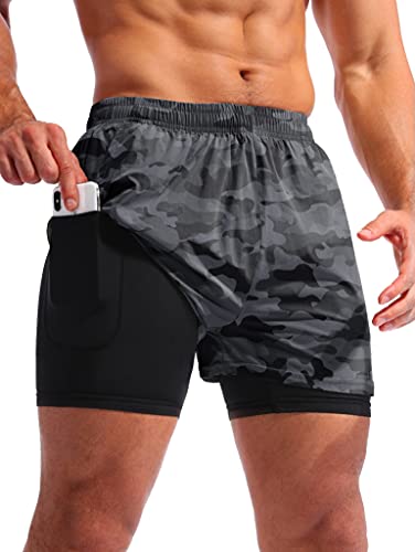Image of Pudolla Men's 2 in 1 Running Shorts 5 inch Quick Dry Gym Athletic Workout Shorts for Men with Phone Pockets
