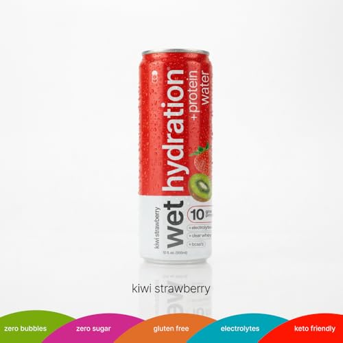 Image of Wet Hydration Protein Water | Electrolyte Drink with Clear Whey Protein & BCAAs - Kiwi Strawberry Flavor (12oz Cans, Pack of 12) | Zero Sugar, 10g Protein, Low Calorie, Functional Hydration
