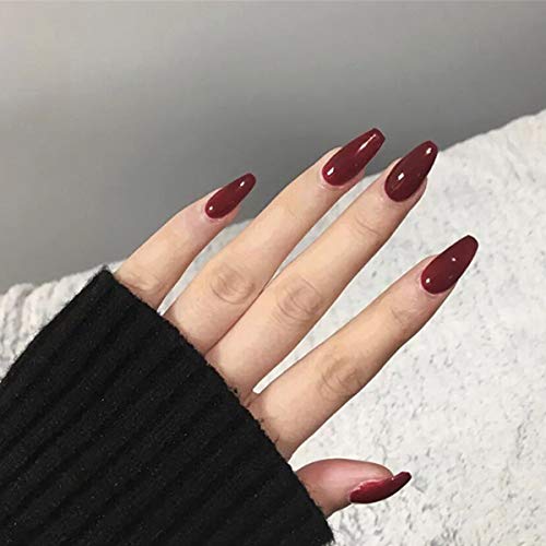 Umillars 24pcs Solid Colors Glossy Acrylic Coffin False Nails Full Cover Ballerinal Fake Nails Tips Natural Medium False Nails for Ballerina Cosplay Office Lady Nail Art(Wine red)
