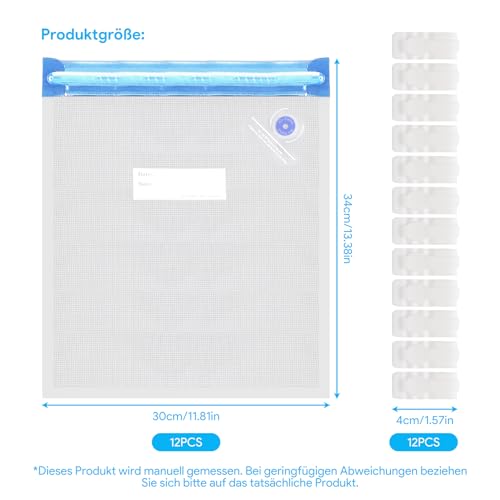 Vacuümzakken, 12 stuks vacuümzakken, 30 x 40 cm, herbruikbare vacuümzakken, ritssluiting, sous-vide zak met pomp en 12 sluitklemmen voor het bewaren van levensmiddelen - Afbeelding 3