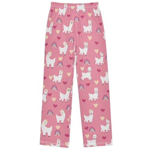 Boy's Pj Pants Rainbow Heart Happy Alpaca Pink Lounge Bottoms Elastic Waist Kids Joggers with Pockets Size 6-14