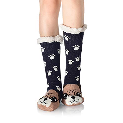 WYTartist Calze a Pantofola Donna Ciabatta da Donna a Maglia Doppia Calzino Furry Foderato in Pile Caldo Antiscivolo Scarponcino Ultra Morbidi (Cane)