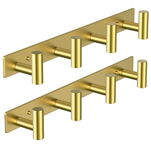 Image of VAEHOLD Hat and Coat Wall Mount Rack - Hooks for Robes, Bags, Keys, and Towels - Bathroom Towel Hanger Organizer (Gold, inchT inch Shape 4 Hooks 2 Pack)