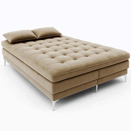 Image of FURNY Eagel 3 Seater Fabric Sofa Cum Bed with 2 Cushions (Camel) with Velvet Fabric | Durable with Comfort | Perfect for Living Room, Bedrooms, Offices