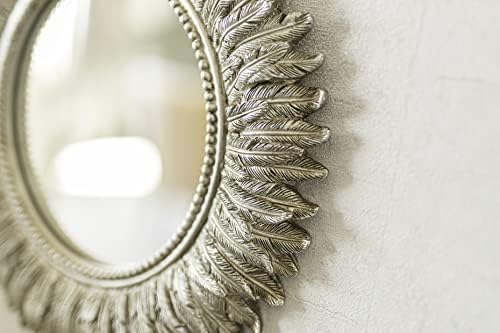 Marco Paul Round 40cm Wall Mirror Feathered Gold Mirror Bathroom Mirror or Lounge Bedroom Golden Vanity Mirror Wall Mounted Round Mirror Feather Decorative Wall Art Antique Style Finish Rustic Modern