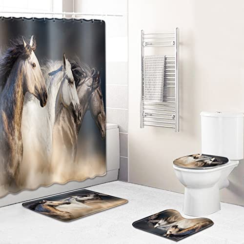 Duschvorhang Pferd Badezimmerteppich 4-Teiliges Set, Duschvorhang 180x180 Polyester+Badematte rutschfeste(50x80)+U-Typ…