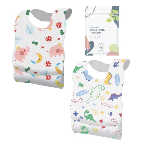 10 Pcs Disposable Baby Bibs, Baby Bibs for Eating, Disposable Bibs for Toddlers 1-3, Travel & Daycare Essentials, for Toddler Feeding, Individually Packaged with Catcher and Leakproof Liner