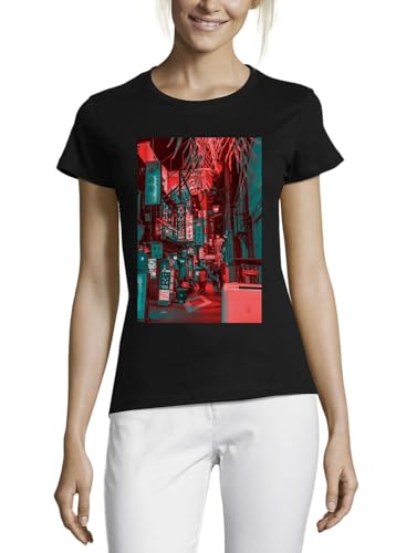 T-shirt anime Midnight Street femme coton noir col rond qui résiste aux lavages sans déteindre