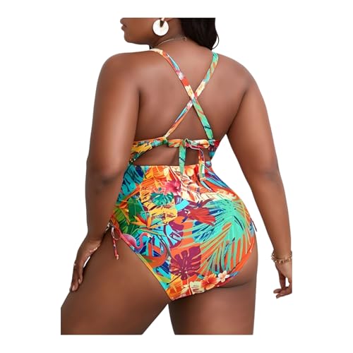 Tropical Print Two-Piece Swimsuit, Plus Size, Cutout Design with Cross-Back Straps, Multicolor3
