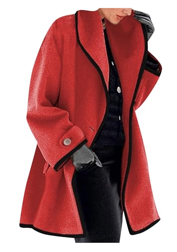 OMZIN Donna Cappotti Autunno Inverno Caldi Cappotti In Lana Di Media Lunghezza Cappotti Con Risvolto Eleganti Giacche Capispalla Rosso XL