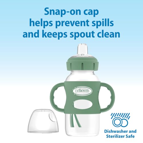 Dr. Brown's Wide-Neck Sippy Spout Bottle with Handles, Green & Gray, 2-Pack | Transition from nipple to sippy with the bottle baby loves, 100% silicone easy-grip handles and sippy spout, 9 oz, 6m+ - image 4