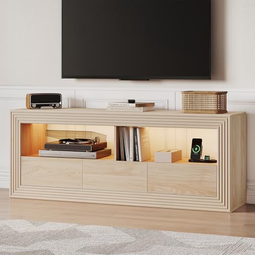 ONBRILL Modern TV Stand for Living Room, Natural Wood TV Consoles with Drawer Storage and Shelves, Entertainment Center for TVs Up to 75 Inch, Media Console with LED Lights and Power Outlets