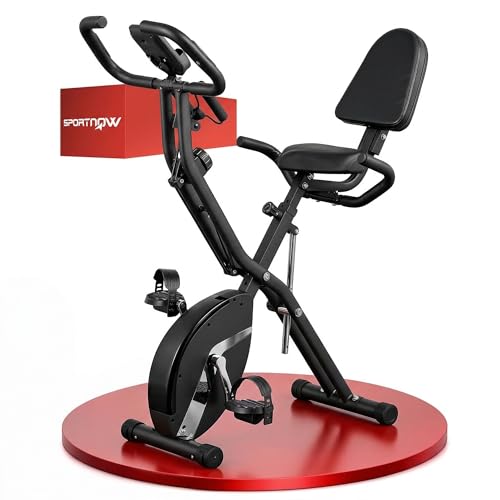 SPORTNOW Bicicleta Estática Plegable con Respaldo Bici Estática Silenciosa con 8 Niveles de Resistencia Magnética Sillín Regulable Volante Pantalla LCD Pulsómetro y Banda Carga 110 kg Negro