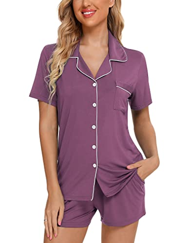 Image of Pjmlifecoco Women's Modal Pajama Set Short Sleeve Button Down Two Piece Soft Sleepwear with Shorts Loungewear S-XXL