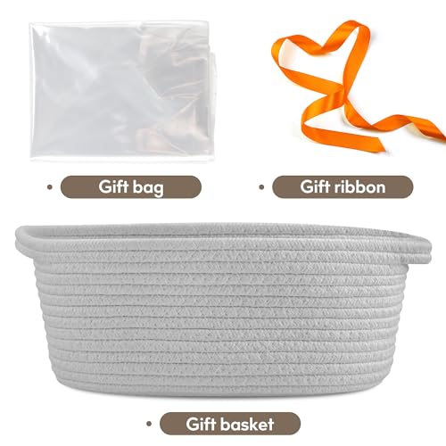 Image of Pro Goleem Small Woven Basket with Gift Bags and Ribbons Durable Baskets for Gifts Empty Small Rope Basket for Storage 12 inchX 8 inch X 5 inch Baby Toy Basket with Handles, Gray