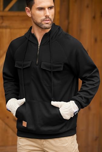 Men's Workout Hoodies Chic Pullover Long Sleeve Raglan Hooded Warm Pockets Sweatshirt Black L2