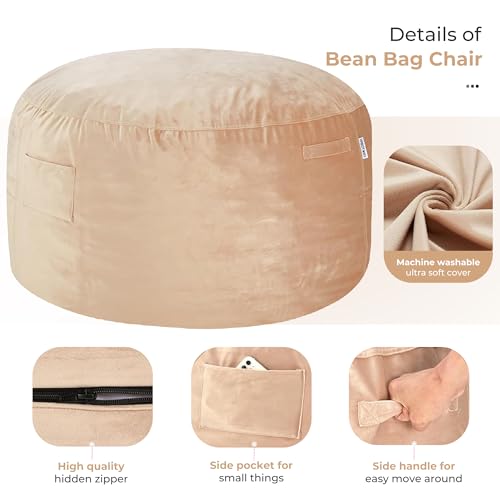 Image of HABUTWAY Bean Bag Chair: Giant 5' Memory Foam Furniture Bean Bag Chair with Microfiber Cover - 5Ft, Khaki
