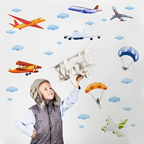 SUPERDANT Aeroplane Wall Stickers Cloud Wall Decal Nursery Decals Stickers for Walls Parachute Decal Aircraft Peel and Stick for Kids Boys Bedroom Playroom Classroom Decoration - Image 4