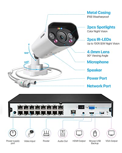 Image of ZOSI 16CH 4K PoE Security Camera System with 4TB HDD, 12 x 5MP Outdoor Cams | Person /Vehicle Detection, 2 Way Audio, Color Night Vision, Spotlight Siren, H.265+ 16 Channel 8MP NVR, for 24-7 Recording