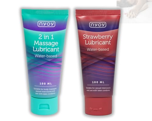 Nyoy Pack 2 Lubricantes Agua – 2 en 1 Masaje & Lubricante + Lubricante Sabor Fresa | 2 × 100 ml | Compatible con Preservativos de Látex, pH Balanceado, Vegano, Sin Parabenos