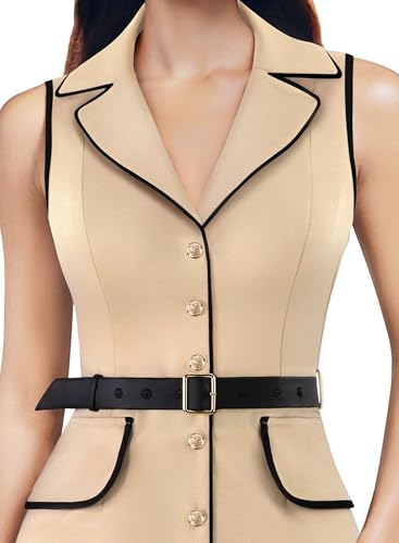 Image of VFSHOW Womens Professional Work Business Casual Office Belted Elegant Lapel V Neck Buttons Fitted Pencil Sheath Dress