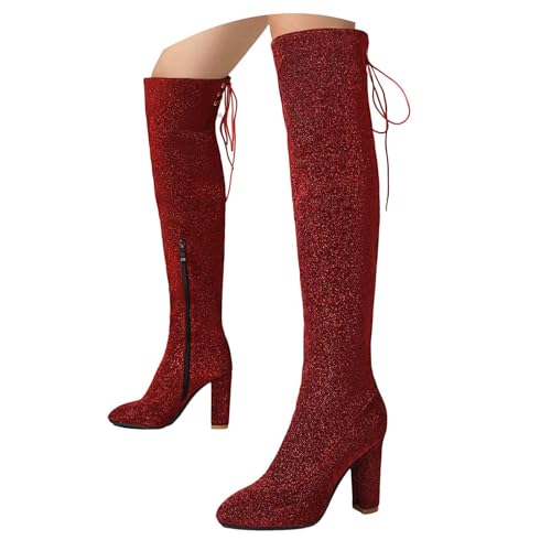 Botas de vaquera con diamantes de imitación para mujer, con cremallera lateral, tacón grueso, punta puntiaguda, botas elegantes, Red, 36.5 EU