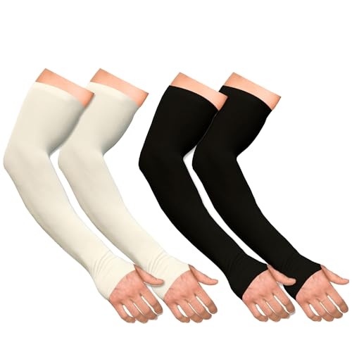 Image of Boldfit Arm Sleeves for Men & Women UV Protection Hand Sleeve with Thumb for Boys & Girls Sun Protection Cover for Running, Bike Riding, Cricket - Nylon - Black & Off-White