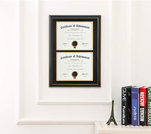 Image of ELSKER&HOME Wood Picture Frame, 16.73x22.64in, Double Mat Black Mat with Golden Rim, Document Frame for 2 8.5x11in Certificates, Diploma, Wall Mount