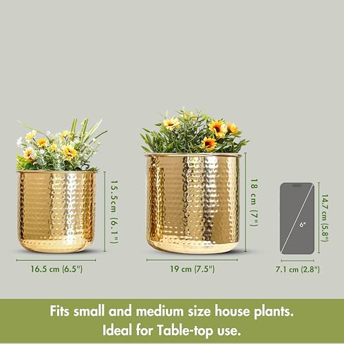Image of BEHOMA Hammered Metal Indoor Planter for Table, Gold - Pack of 2 | Handcrafted Metal planter - elegant accent for Living Room decor & gifting