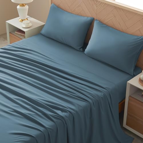 Image of Cal King 4 Piece Sheet Set - Comfy Breathable & Cooling Bed Sheets Set, Soft and Wrinkle Free, Deep Pockets, Easy & Secure Fit, Hotel Luxury Bedding - Oeko-Tex - Denim Blue