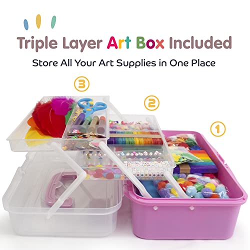 Olly Kids Arts And Crafts Supplies For Kids Girls 4 5 6 7 8 9 10 11 & 12- Ultimate Crafting Supply Set In Portable 3 Layered Plastic Art Box #TOP3