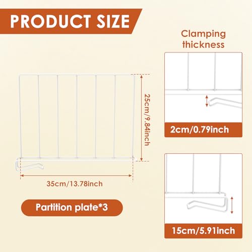 3Pcs Closet Shelf Divider, Metal Shelves Separator, Easy Installation Closet Organizer White for Clothes Towel Shoe Blanket