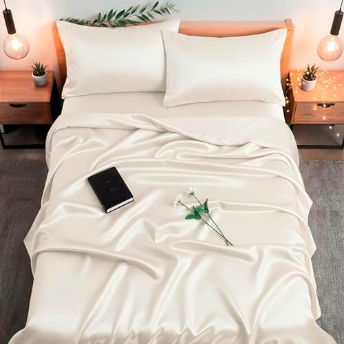 Colorado Home Co 100 Percent Pure Mulberry Silk Sheets Queen Size, 22 Momme Real Silk Bed Sheet Set, 4 Piece Off White SUNDAYSILKS™