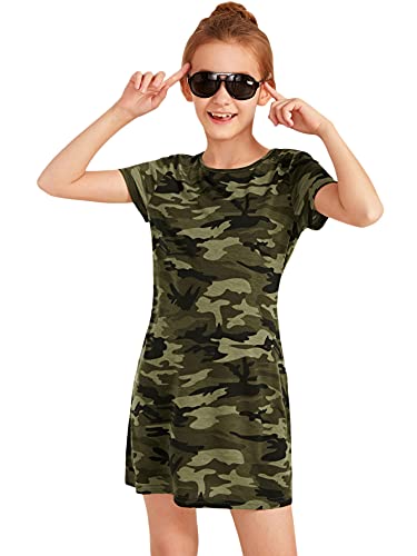 SOLY HUX Girl's Casual Camo Print Short Sleeve T Shirt Short Dress Army Green 10Y