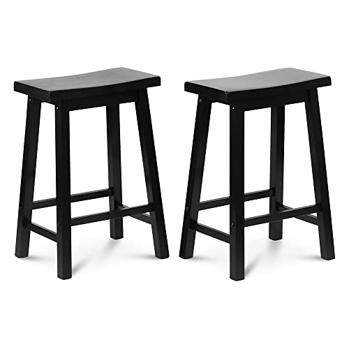Image of PJ Wood 24 Inch Saddle - Wood Saddle Counter Stool - Black 2 Pack | Backless Design, 225 lb Capacity, Modern A Frame, Square Legs, FSC Certified Lumber, Formaldehyde Free Adhesives