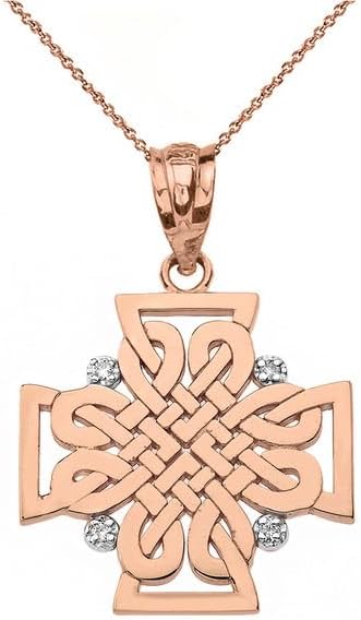 Celtic Woven Cross with Diamond Fine Pendant Necklace With Rolo Chain Real Solid 10Kt Gold
