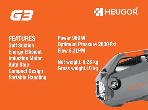 Image of G3 High Pressure Washer, 900W Induction Motor | 2030 PSI, 6.3 LPM Flow, Self Suction, Auto Stop, Compact Portable Design