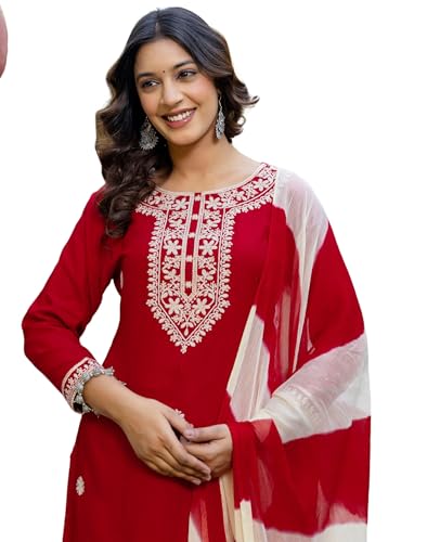Image of SKYLEE Cotton Printed, Embroidery and Mirror Work A-Line Kurta Set with Dupatta