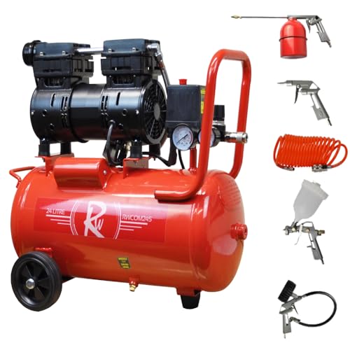 RocwooD Air Compressor Electric 24L Litre 1HP 750w Silent Portable Oil Free 8bar 116psi 5CFM 5 Piece Accessories Kit Workshop Garage 230v 3 Pin 13amp UK Plug Red Low Noise 21kg