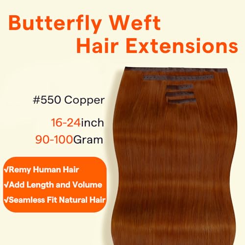 Image of Full Shine Butterfly Weft Hair Extensions Human Hair 16 Inch Copper 90g | 5Pcs Double Layer Weft, Invisible PU Holes, Full Head Volume Boost, Daily Natural Look, Easy Wear & Remove