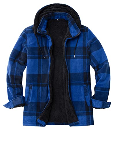 ZENTHACE Veste pour homme en flanelle polaire doublée Sherpa avec capuche amovible, bleu/carreaux, X-Large