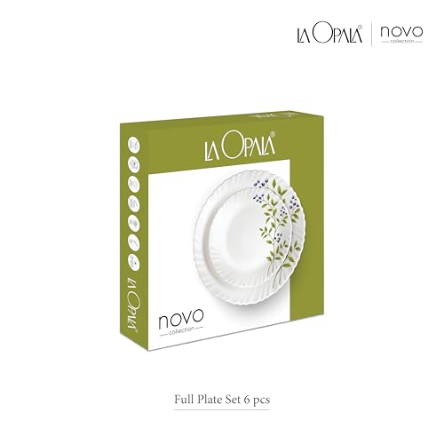 Image of La Opala Novo Collection Opal Glass Crockery | Full Plate Set of 6 | Aqua Spray Design | Plates for Dining & Gifting | Microwave Safe | 100% Vegetarian | Extra Strong | Super Light & White