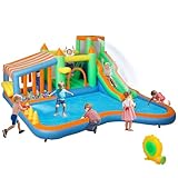AIYAPLAY Bouncy Castle, Inflatable Bounce House Trampoline with 550W Blower, Water Slide, Splash Pool, Basketball Hoop, Ball Pits, Climbing Wall, Water Gun, Ring Toss, for Kids Outdoor Indoor
