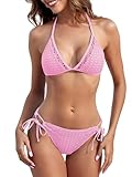 AFUL Women's Halter Triangle Bikini Set Crochet Boho Floral Swimsuit Cut Out Tie Side Two Piece Bathing Suit Pink M