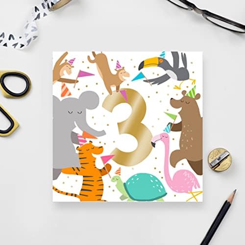 Old English Co. Party Animals 1st Birthday Card - Gold Foil Square Zoo Birthday Card for Boys and Girls | For Son or Daughter | Blank Inside & Envelope Included (3rd)